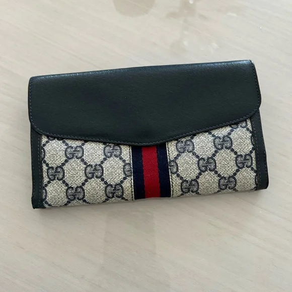 AUTHENTIC GUCCI VINTAGE GG Monogram Supreme Blue Leather & Canvas Long Wallet - Picture 2 of 12